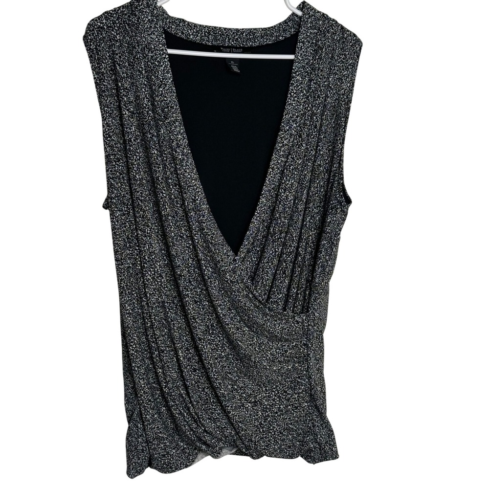 White House Black Market Black and Silver Draped Sleeveless Blouse
